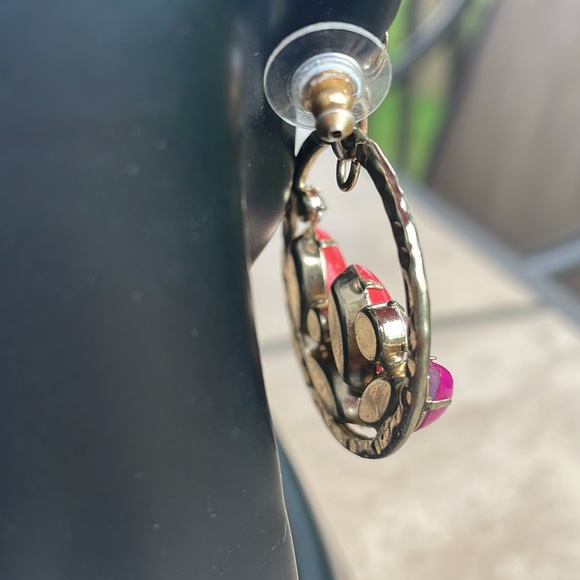 Multi coloured stone drop earrings for pierced ears. Hammered gold top stud - Picture 3 of 3